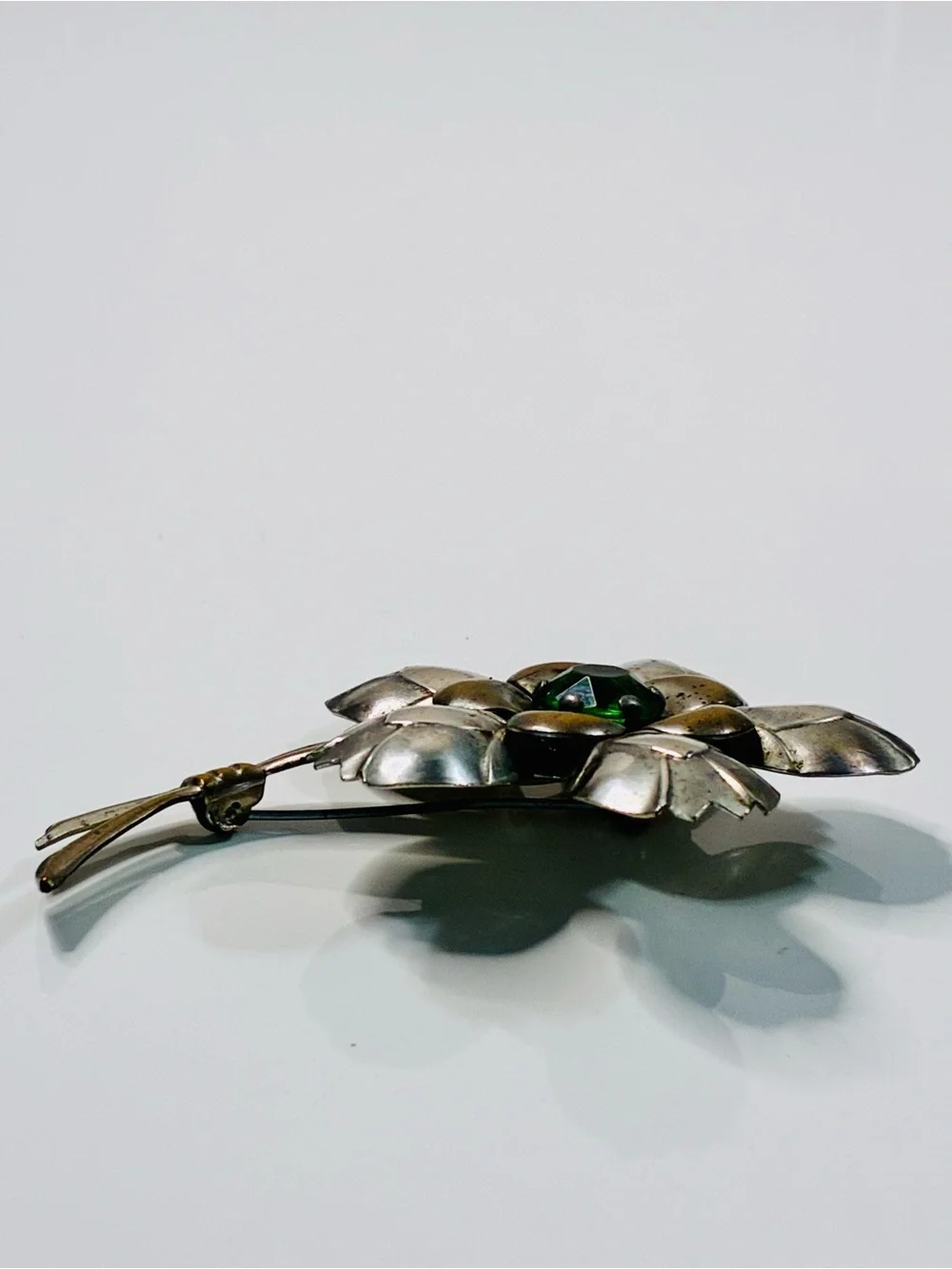 Vintage Estate Heirloom Flower Brooch with Green Glass Center